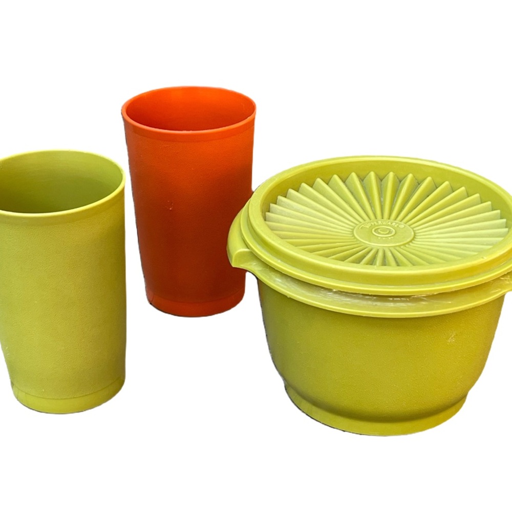 Vintage Tupperware Tumblers & Container With Matching Lid Orange Green